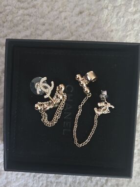 CHANEL Gold-Tone Crystal CC Chain Ear Cuff Pair